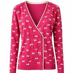 Pink Bow Print Cardigan V Neck Knit Sweater Retro Chic
